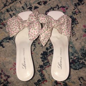 Revolve lovers and friends floral bow tie slide heels